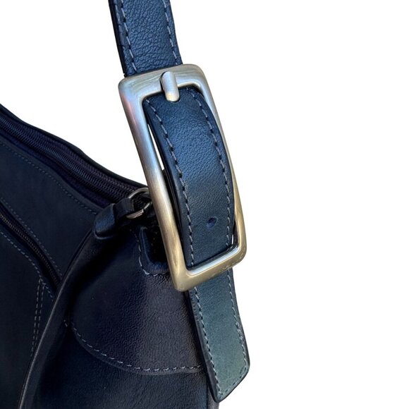 Tignanello Navy Leather Adjustable Strap Silver Color Hardware Zip Shoulder Bag - Picture 6 of 8